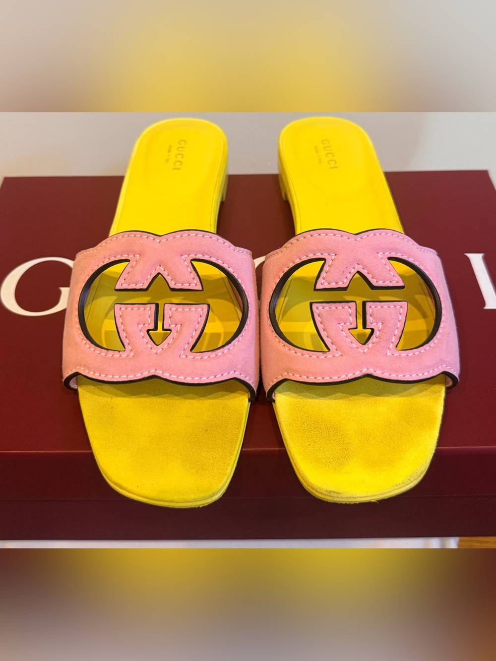 Gucci GG Pink and Yellow Slides, Size 39.5